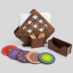 Premium MDF Wooden Napkin Holder and Coaster Set of 6 with Holder | Ethnic Indian Art Multicolor Tea & Coffee Coasters for Table | Heat Resistant Waterproof Drink Coasters with Napkin Holder