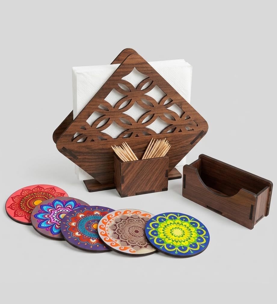 Premium MDF Wooden Napkin Holder and Coaster Set of 6 with Holder | Ethnic Indian Art Multicolor Tea & Coffee Coasters for Table | Heat Resistant Waterproof Drink Coasters with Napkin Holder - Image 2