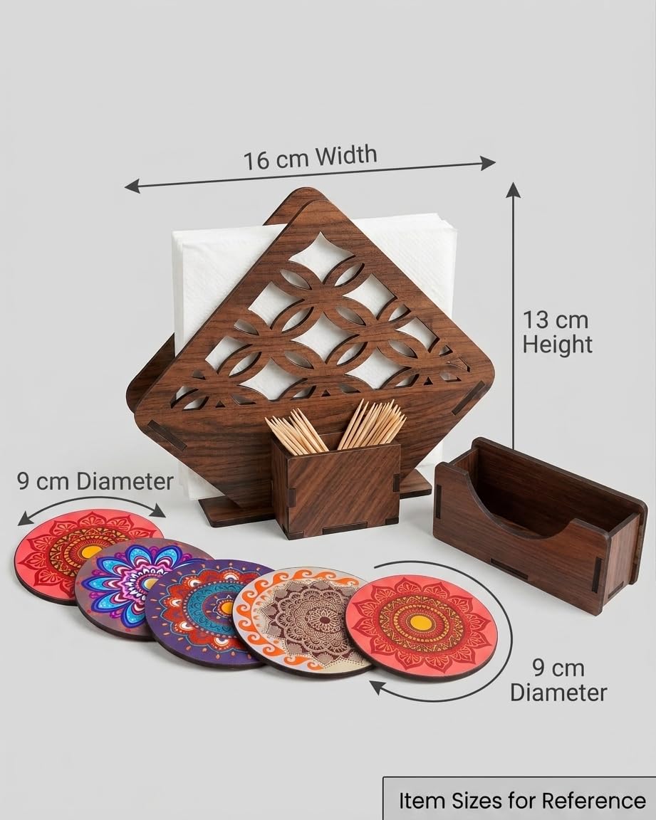Premium MDF Wooden Napkin Holder and Coaster Set of 6 with Holder | Ethnic Indian Art Multicolor Tea & Coffee Coasters for Table | Heat Resistant Waterproof Drink Coasters with Napkin Holder - Image 4