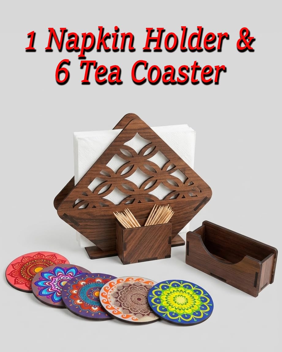 Premium MDF Wooden Napkin Holder and Coaster Set of 6 with Holder | Ethnic Indian Art Multicolor Tea & Coffee Coasters for Table | Heat Resistant Waterproof Drink Coasters with Napkin Holder - Image 5