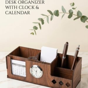 Pen Holder Stand with Clock, Calendar, Business Visiting Card & Mobile Holder | Multipurpose Desk Organizer for Office Desk and Gifting