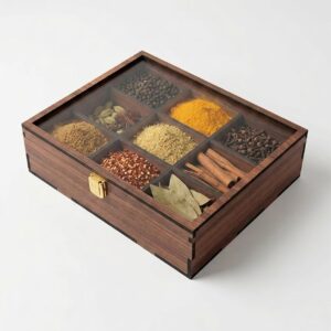 Wooden Spice Box (Non Removable Partitions, 50 ml, Brown) |Spice Box Wooden Namak Dani for Kitchen Wood Masala Box for Kitchen Wooden Masala Dabba Dani Container