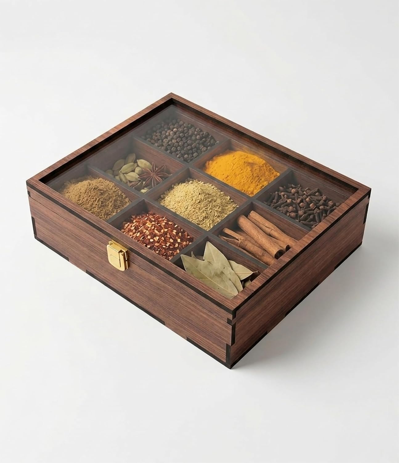 Wooden Spice Box (Non Removable Partitions, 50 ml, Brown) |Spice Box Wooden Namak Dani for Kitchen Wood Masala Box for Kitchen Wooden Masala Dabba Dani Container