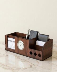 Pen Holder Stand with Clock, Calendar, Business Visiting Card & Mobile Holder | Multipurpose Desk Organizer for Office Desk and Gifting