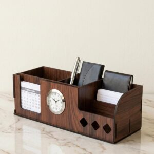 Pen Holder Stand with Clock, Calendar, Business Visiting Card & Mobile Holder | Multipurpose Desk Organizer for Office Desk and Gifting