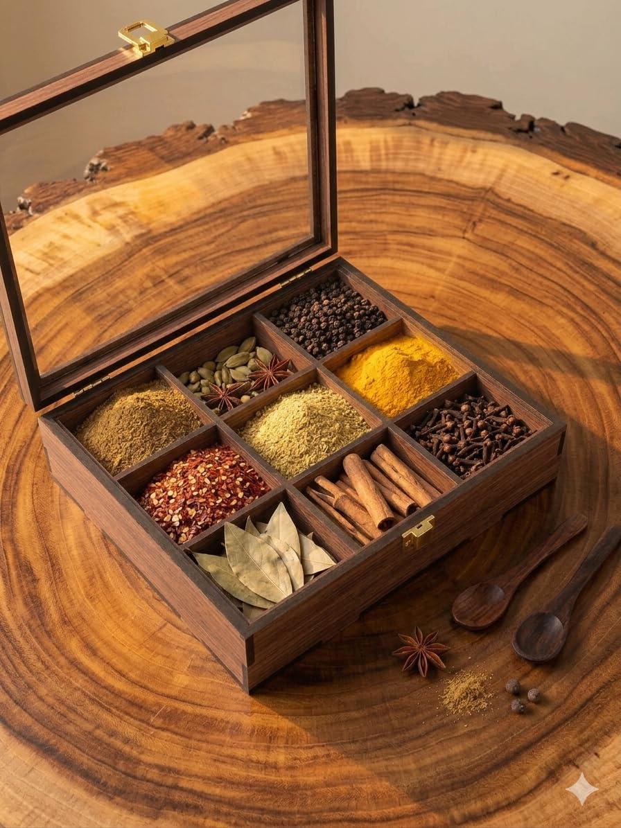 Wooden Spice Box (Non Removable Partitions, 50 ml, Brown) |Spice Box Wooden Namak Dani for Kitchen Wood Masala Box for Kitchen Wooden Masala Dabba Dani Container - Image 4