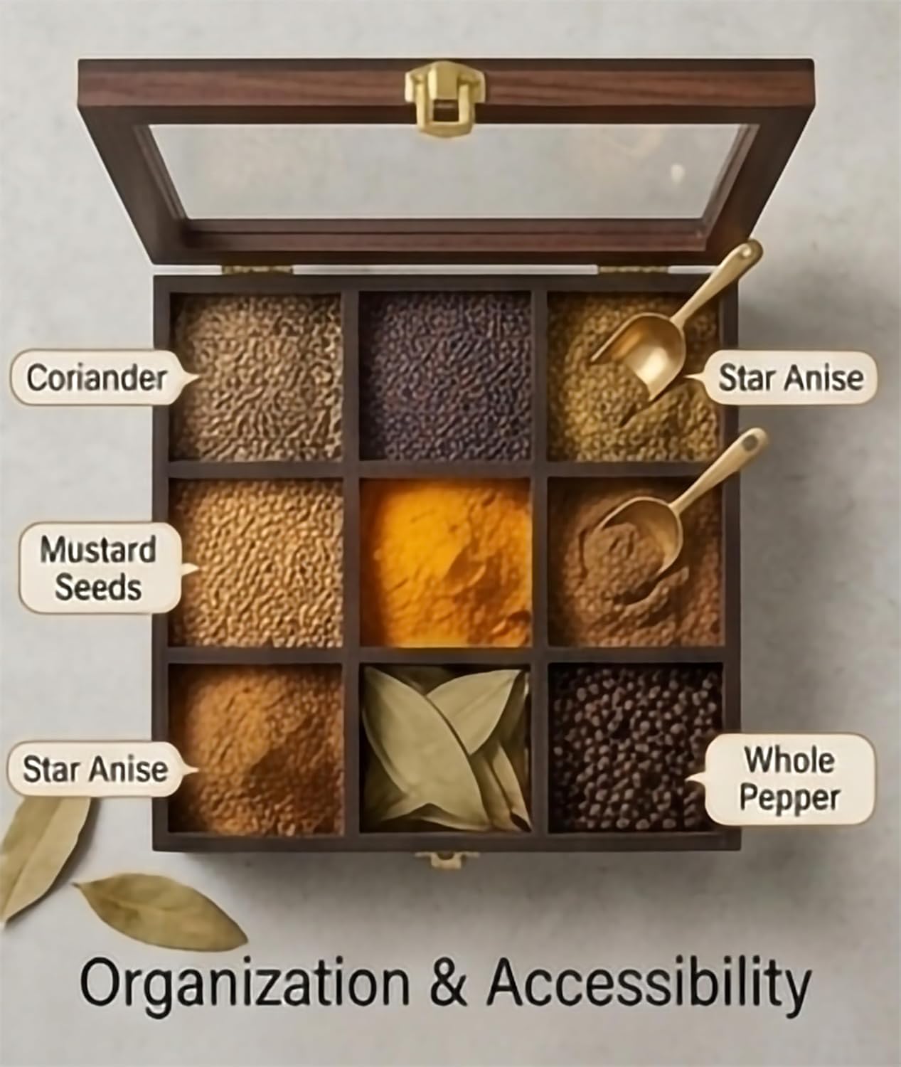 masala dani for kitchen with Spoon | stylish 9 Compartments Masala Box/Dabba/Container/Organizer for kitchen wooden|(Non Removable Partitions, 50 ml, Brown) - Image 5