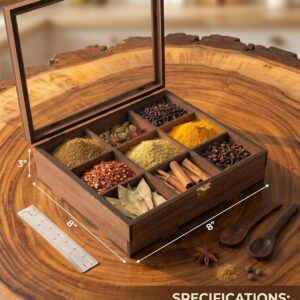 Wooden Spice Box (Non Removable Partitions, 50 ml, Brown) |Spice Box Wooden Namak Dani for Kitchen Wood Masala Box for Kitchen Wooden Masala Dabba Dani Container