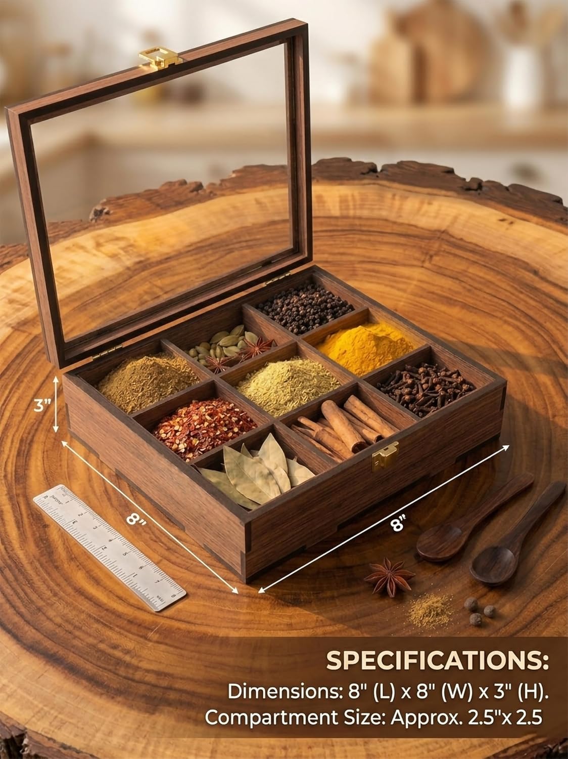 Wooden Spice Box (Non Removable Partitions, 50 ml, Brown) |Spice Box Wooden Namak Dani for Kitchen Wood Masala Box for Kitchen Wooden Masala Dabba Dani Container - Image 2