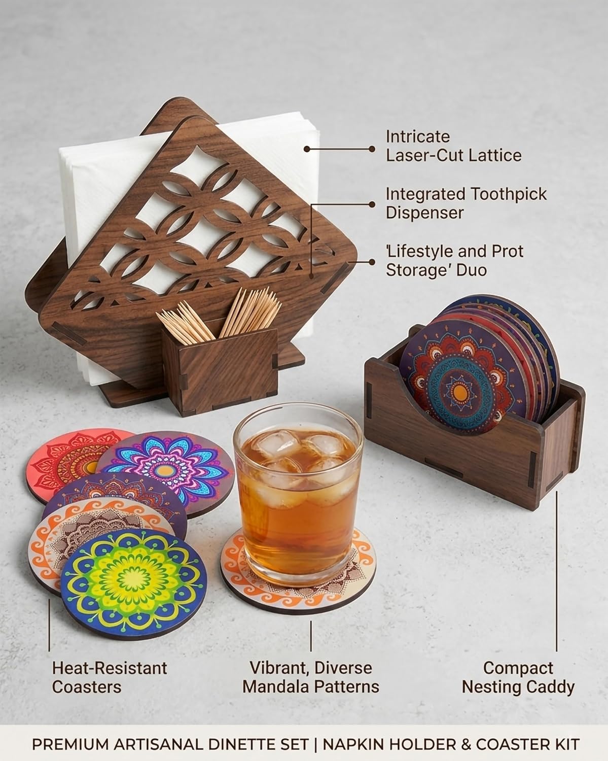 Premium MDF Wooden Napkin Holder and Coaster Set of 6 with Holder | Ethnic Indian Art Multicolor Tea & Coffee Coasters for Table | Heat Resistant Waterproof Drink Coasters with Napkin Holder - Image 6