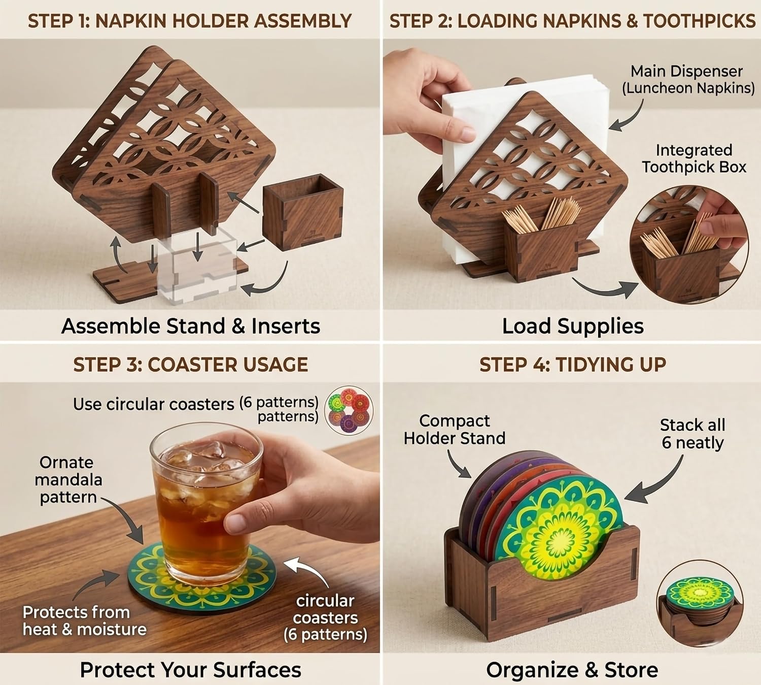 Premium MDF Wooden Napkin Holder and Coaster Set of 6 with Holder | Ethnic Indian Art Multicolor Tea & Coffee Coasters for Table | Heat Resistant Waterproof Drink Coasters with Napkin Holder - Image 7