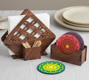 MDF Wooden Napkin Holder and Coaster Set of 6 with Holde