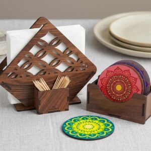 Premium MDF Wooden Napkin Holder and Coaster Set of 6 with Holder | Ethnic Indian Art Multicolor Tea & Coffee Coasters for Table | Heat Resistant Waterproof Drink Coasters with Napkin Holder