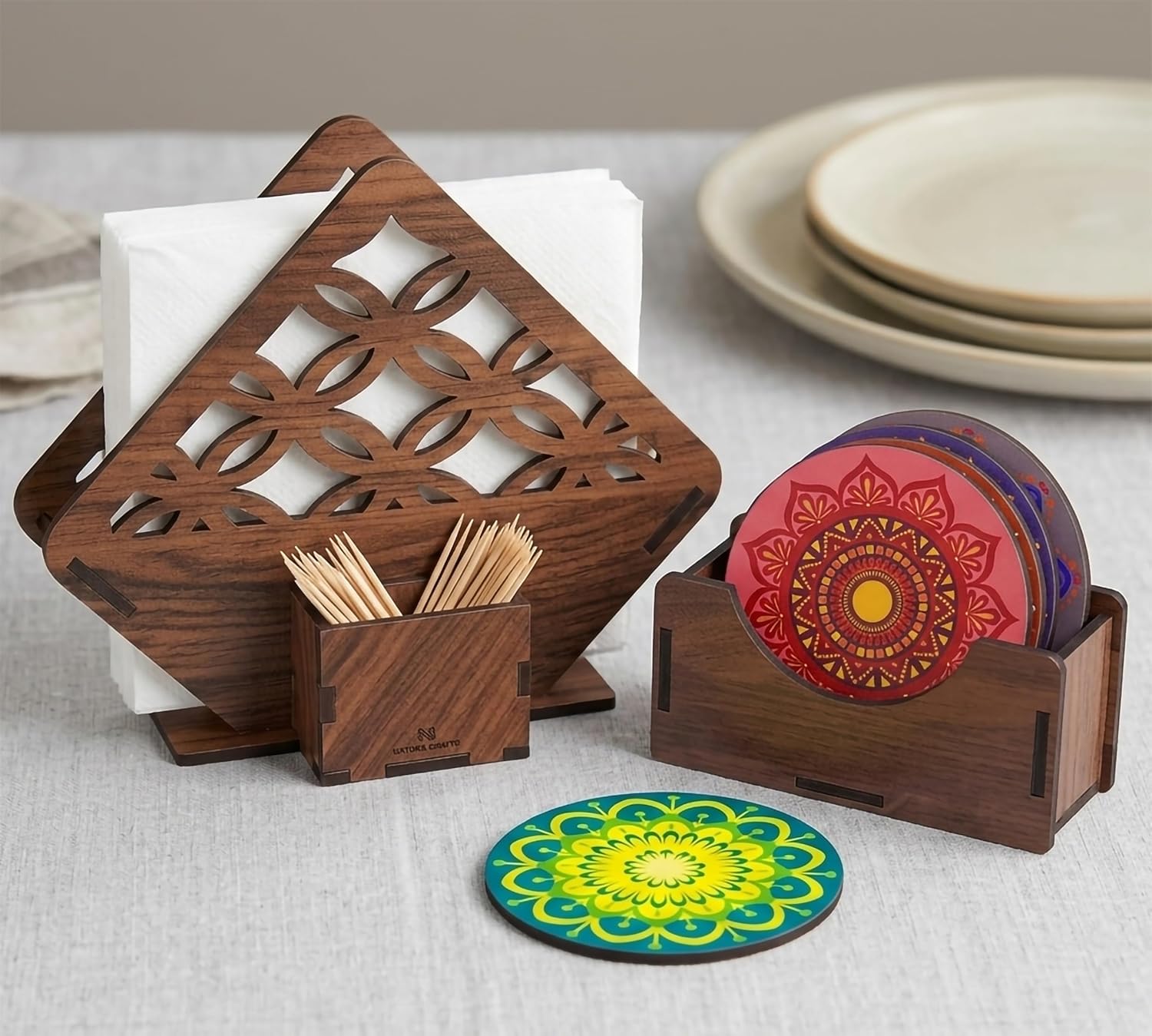 MDF Wooden Napkin Holder and Coaster Set of 6 with Holde