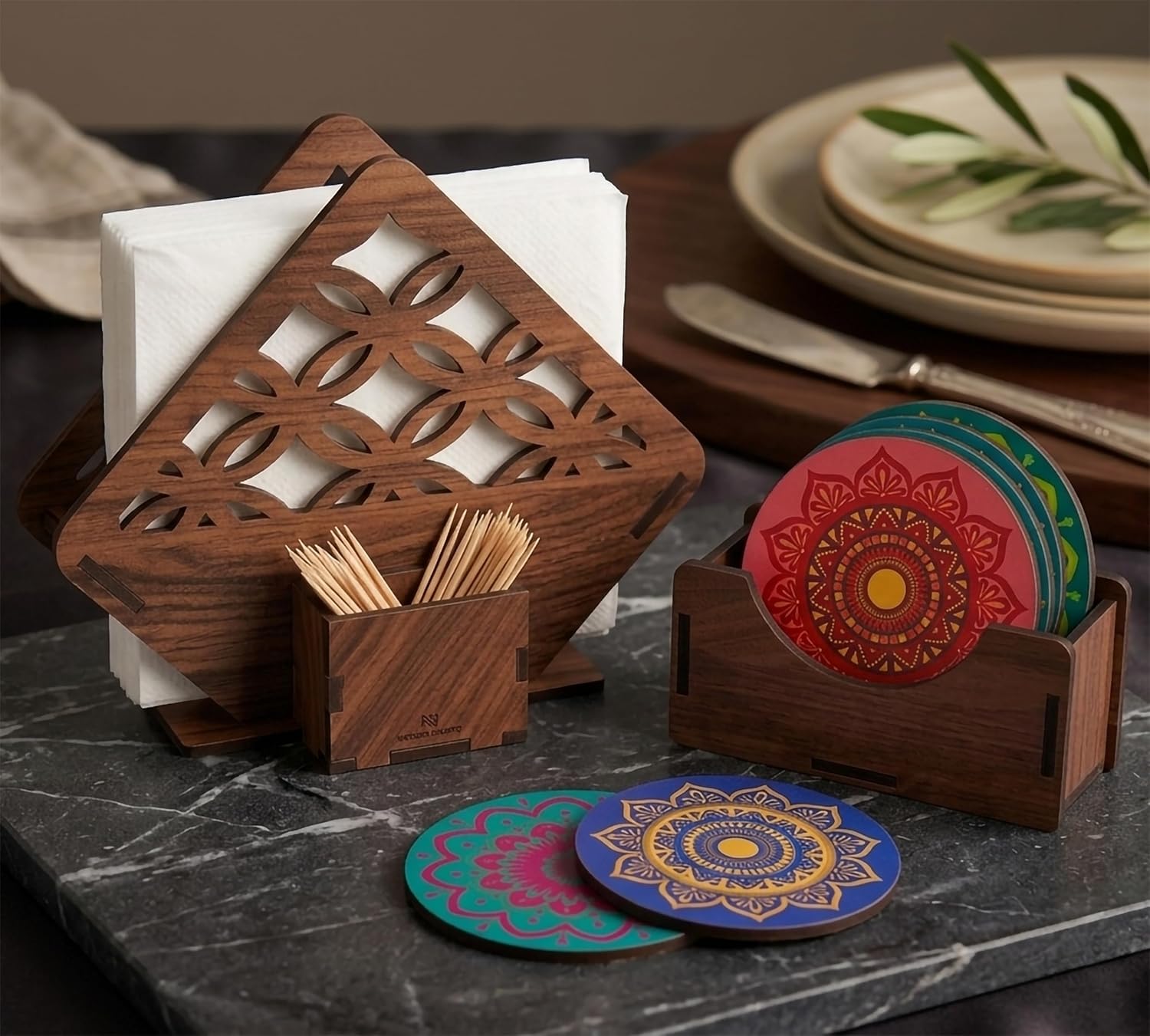 Premium MDF Wooden Napkin Holder and Coaster Set of 6 with Holder | Ethnic Indian Art Multicolor Tea & Coffee Coasters for Table | Heat Resistant Waterproof Drink Coasters with Napkin Holder - Image 3