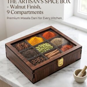 masala dani for kitchen with Spoon | stylish 9 Compartments Masala Box/Dabba/Container/Organizer for kitchen wooden|(Non Removable Partitions, 50 ml, Brown)