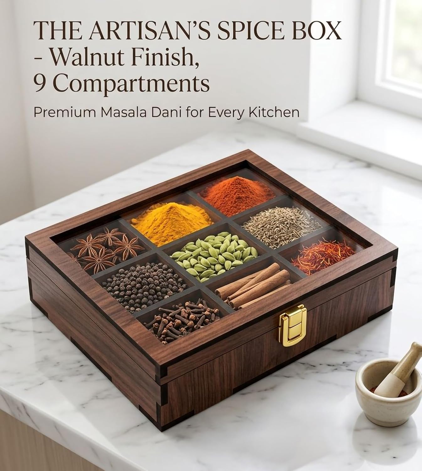 masala dani for kitchen with Spoon | stylish 9 Compartments Masala Box/Dabba/Container/Organizer for kitchen wooden|(Non Removable Partitions, 50 ml, Brown) - Image 2