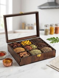 masala dani for kitchen with Spoon | stylish 9 Compartments Masala Box/Dabba/Container/Organizer for kitchen wooden|(Non Removable Partitions, 50 ml, Brown)