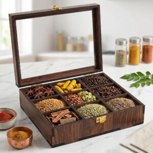 masala dani for kitchen with Spoon | stylish 9 Compartments Masala Box/Dabba/Container/Organizer for kitchen wooden|(Non Removable Partitions, 50 ml, Brown)