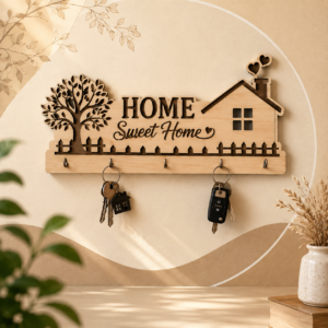 Wooden Home Sweet Home Wall Mounted Key Holder with Hooks | Decorative Key Organizer