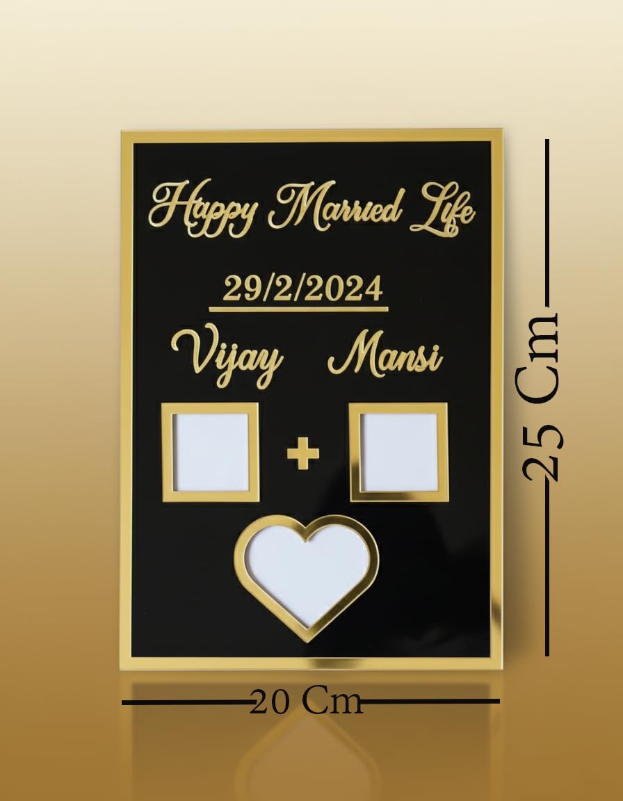 Personalized Acrylic Name Frame with Date | Couple thumb plate 25X20 Cm | Finger print board | Best gift for Marriage couples, Anniversary, Engagement | Customised 3D Golden Text | Nikah Nameplate (Black) - Image 2