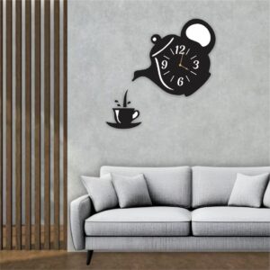 Avatar Decor Teapot and Cup Wall Clock – Modern Black Decorative Kitchen Clock – Unique Tea-Themed Wall Decor for Dining Room, Cafe or Home – Silent Non-Ticking Quartz Movement