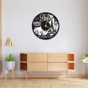 Paris Eiffel Tower Wall Clock, Black and White Design, Round Decorative Clock