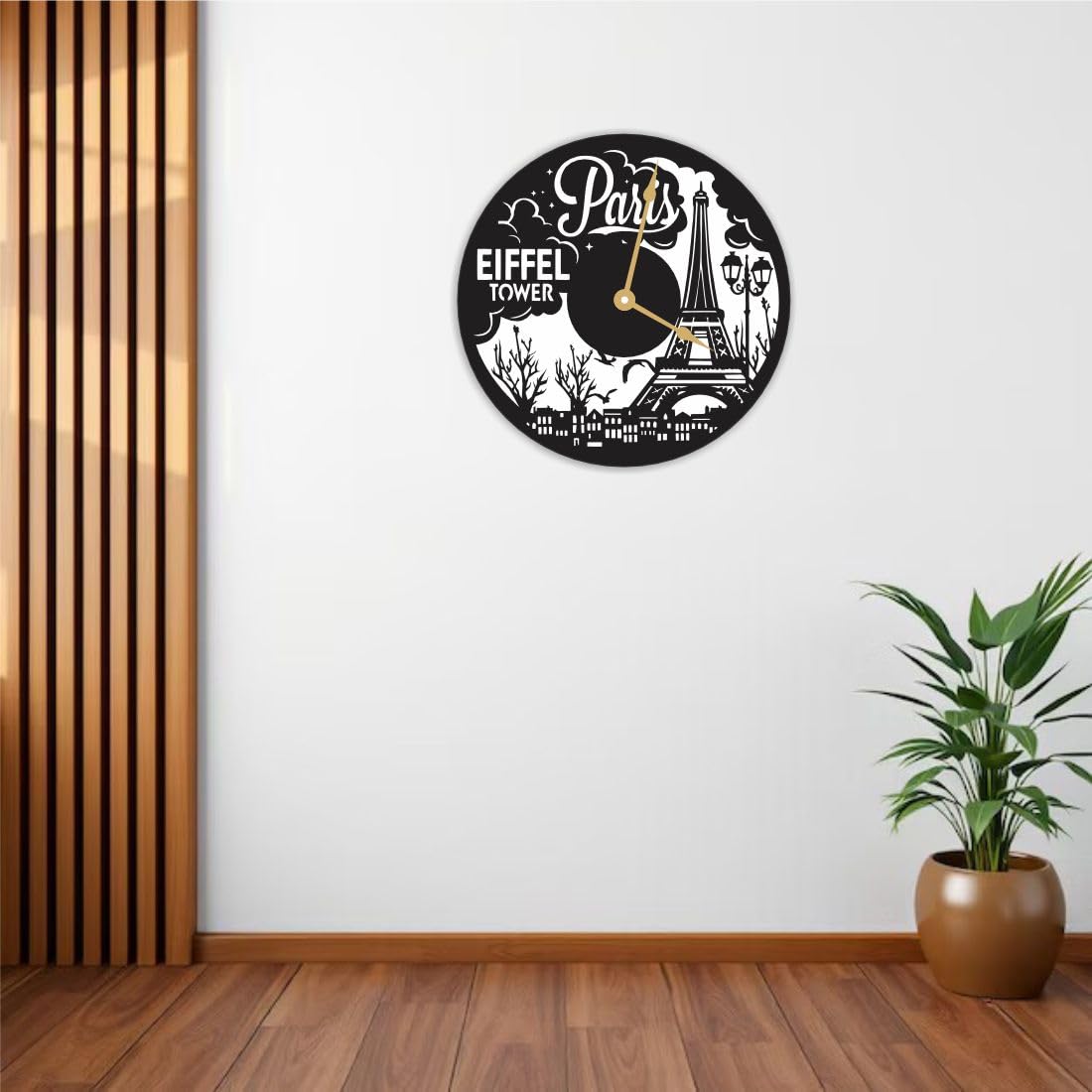 Paris Eiffel Tower Wall Clock, Black and White Design, Round Decorative Clock - Image 3