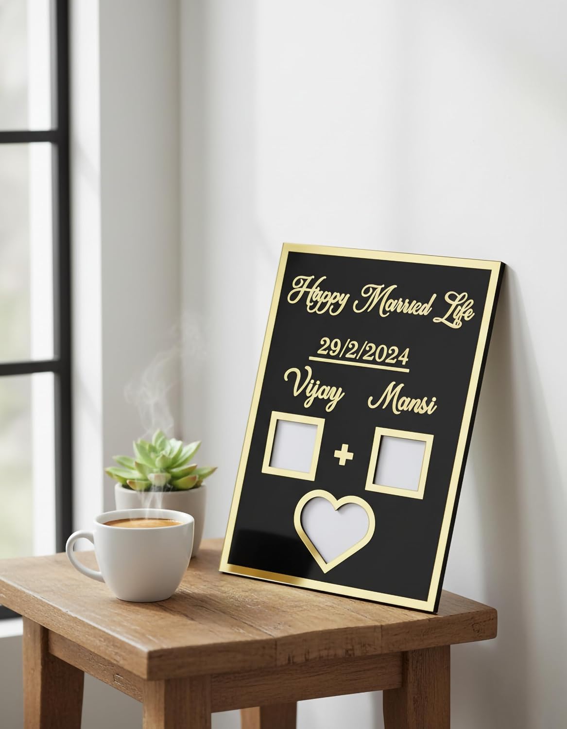 Personalized Acrylic Name Frame with Date | Couple thumb plate 25X20 Cm | Finger print board | Best gift for Marriage couples, Anniversary, Engagement | Customised 3D Golden Text | Nikah Nameplate (Black) - Image 3