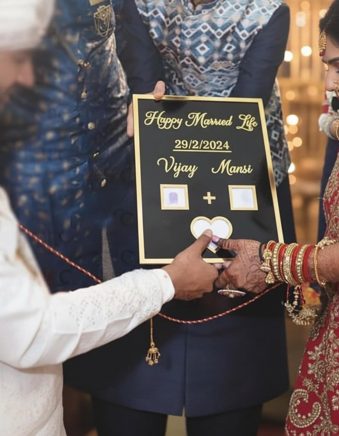 Personalized Acrylic Name Frame with Date | Couple thumb plate 25X20 Cm | Finger print board | Best gift for Marriage couples, Anniversary, Engagement | Customised 3D Golden Text | Nikah Nameplate (Black) - Image 4