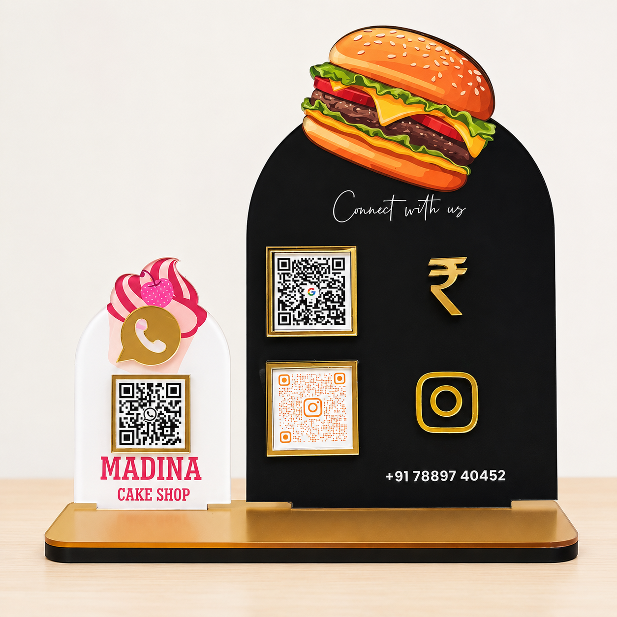 Custom QR Code Payment & Social Media Display Stand for Cafe, Bakery & Restaurant
