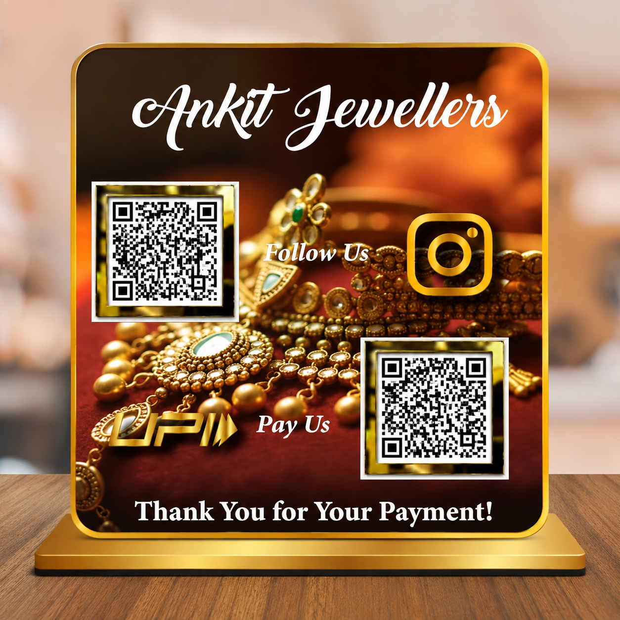 Custom Jewellers UPI Payment & Instagram QR Code Display Stand for Jewellery Shops