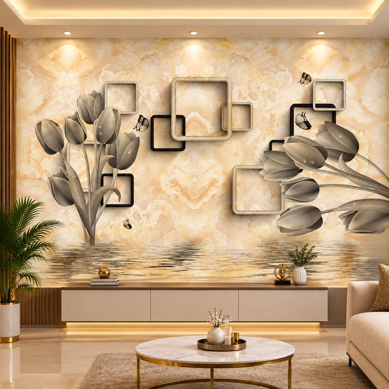 3D golden floral PVC wall wallpaper with luxury decorative design