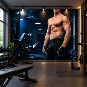 Muscular bodybuilder gym wallpaper with realistic fitness wall mural