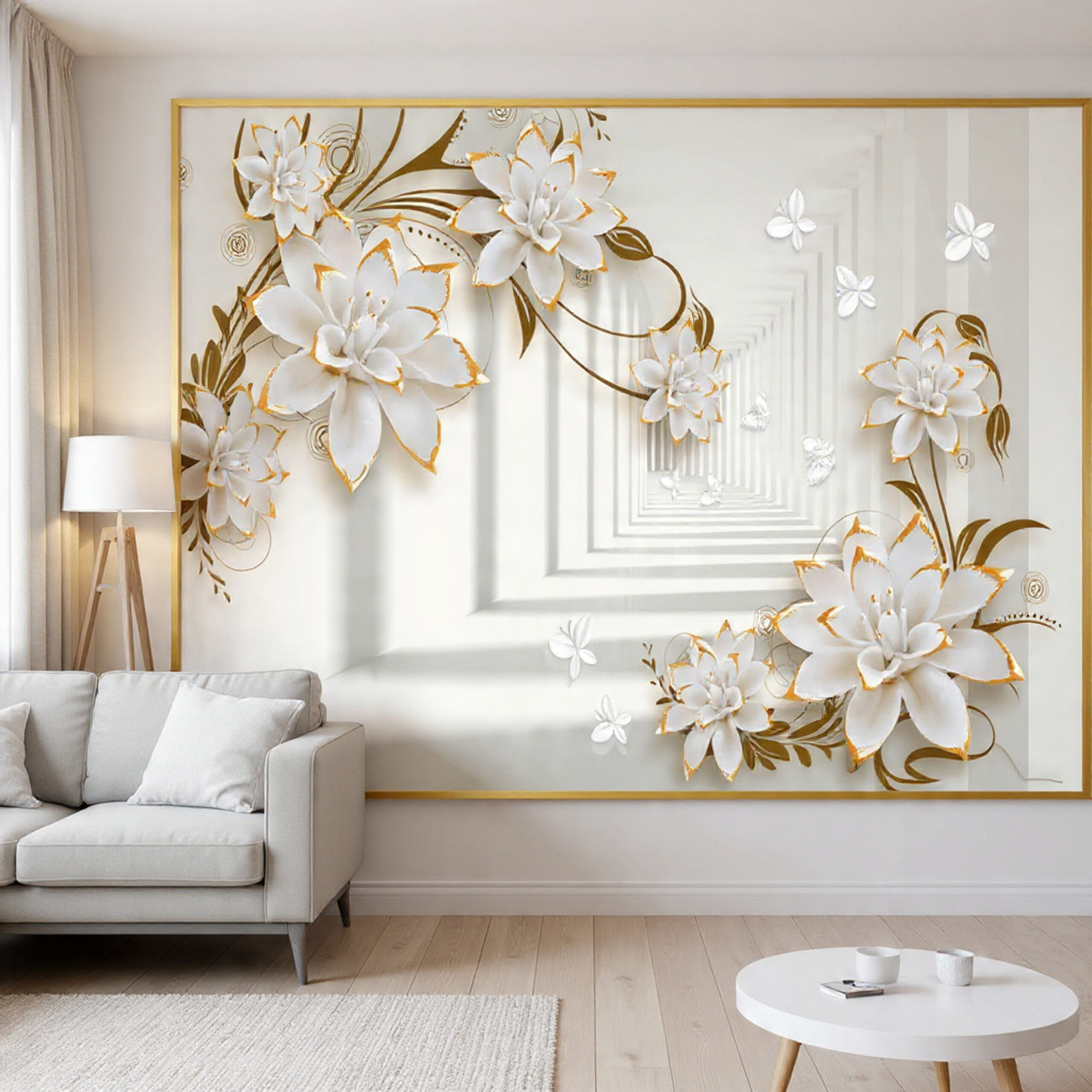 3D floral PVC self adhesive wallpaper with white and gold flower design
