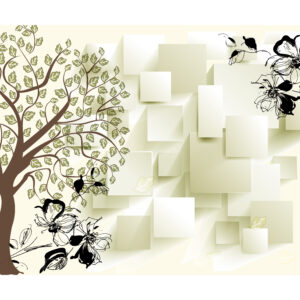 3D Tree Floral Vinyl Wallpaper 3D tree floral vinyl wallpaper with leaves and geometric background