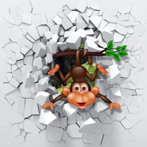 3D cartoon monkey breaking wall PVC wallpaper for kids room decor