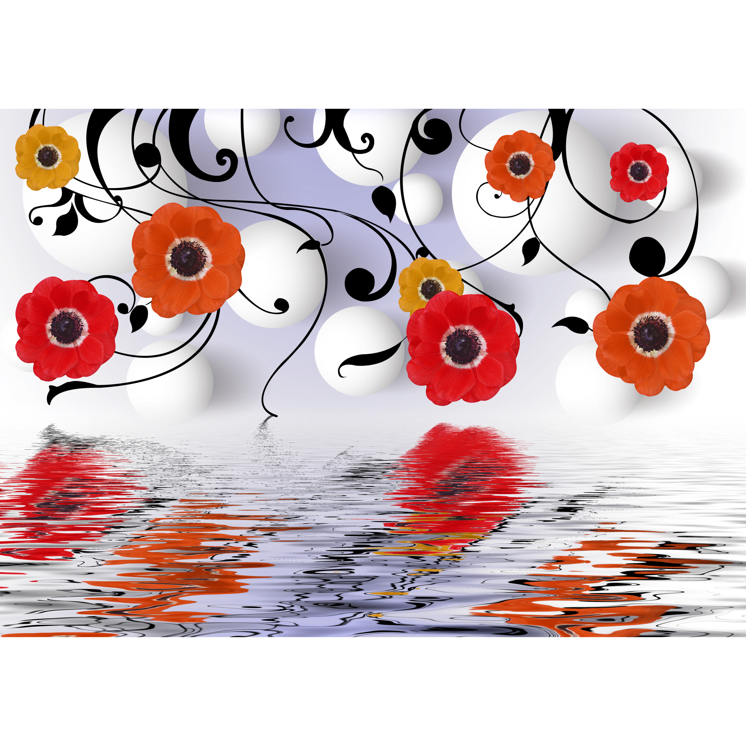 Custom 3D floral water reflection vinyl wallpaper with colorful flowers